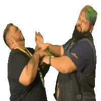 a man with a beard is holding another man 's hand in a pixelated image