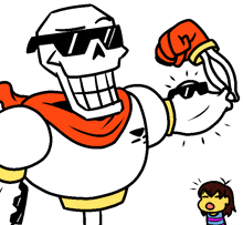 a cartoon drawing of papyrus wearing sunglasses and a red boxing glove