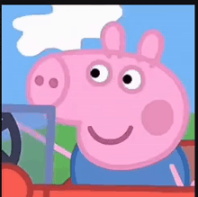 a cartoon pig is driving a red car and smiling at the camera .