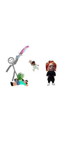 a stick figure with a smiley face is standing next to a sword and a doll