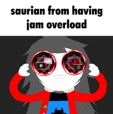 a cartoon character with red glasses and the words saurian from having jam overload above her