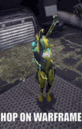 a video game character is dancing with the words hop on warframe below it