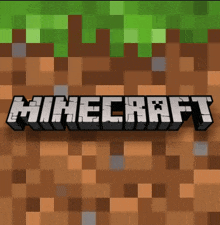 a minecraft logo is displayed on a brown and green pixelated background