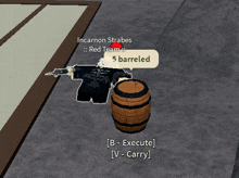 a video game character holding a barrel with a speech bubble saying 5 barreled