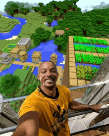 a man wearing a yellow shirt that says will smith is smiling in front of a minecraft world