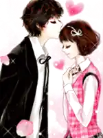 a boy is kissing a girl on the forehead in a cartoon
