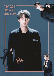 a poster that says happy birthday jin with a man in a suit