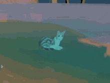 a cartoon cat is sitting on top of a hill in the water