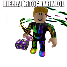 a roblox character holding a purple box with the words nieza ortografia lol written above him