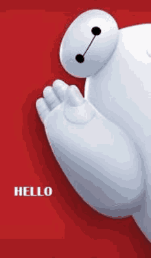 a close up of a big hero 6 character on a red background with the words `` hello '' written on it .