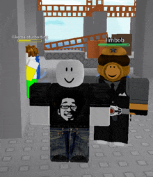 two roblox characters are standing next to each other and one of them has jimbob on his head