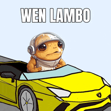 a cartoon of a frog driving a yellow lamborghini