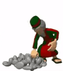 a cartoon man is kneeling down and looking at a pile of rocks .