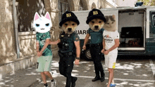 a man is being led by two police officers with dog faces on their heads .