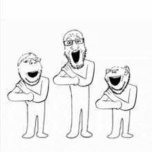 a black and white drawing of three men laughing with their mouths open