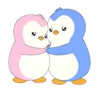 a pink and blue penguin hugging each other with sad faces
