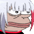 a close up of a cartoon character 's face with white hair and a red ribbon around his mouth .