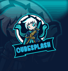 a logo for cubesplash shows a cartoon character holding a sword