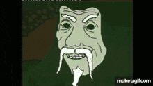 a green cartoon character with a white mustache and purple eyes .