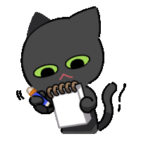 a black cat with green eyes is holding a pencil and a notepad