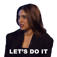 a woman in a black jacket says let 's do it on a white background