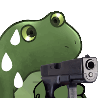 a green frog is holding a gun with the letter c on the front