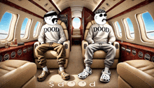 two cartoon characters wearing sweaters that say dood are sitting in a plane