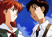 a boy and a girl are looking at each other with a blue sky in the background and the word epic is on the bottom right