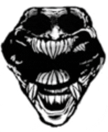 a black and white drawing of a monster 's face with large teeth .