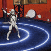 a storm trooper is standing in a room with a drum in the background