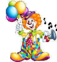 a clown is holding balloons and a trumpet