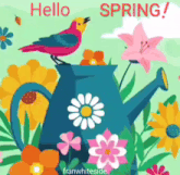 a bird sitting on top of a watering can with the words hello spring