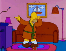 homer simpson is dancing in a living room with a couch .