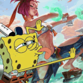 a cartoon of spongebob sticking his tongue out next to a girl in a bikini