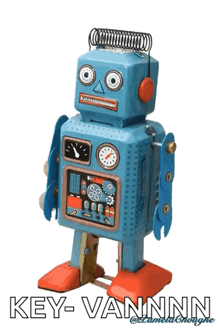 a blue toy robot with the words key-vanninn written on the bottom