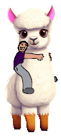 a cartoon llama has a man hugging it