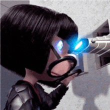 a cartoon character is looking through a magnifying glass at something .