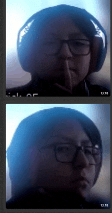 two images of a person wearing headphones and glasses with a time of 13:18