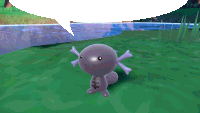 a purple axolotl is standing in the grass near a body of water