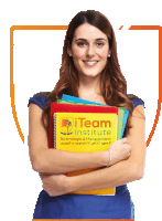 a woman holds a book that says team institute