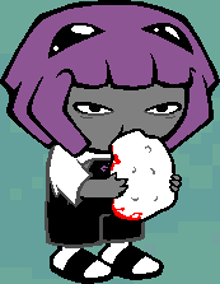 a pixel art drawing of a girl with purple hair holding a bloody object