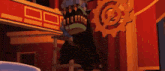 a cartoon character is standing in front of a red wall with a gear on it