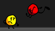 a yellow circle with a sad face is standing next to a red circle