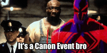 a man in overalls is standing next to a purple superhero and says it 's a canon event bro .