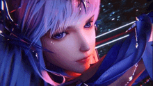 a close up of a woman 's face with purple hair