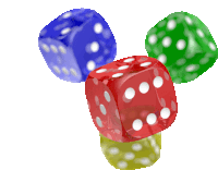 three dice of different colors are stacked on top of each other on a white background