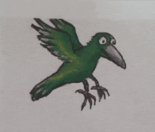 a drawing of a green bird with big eyes and a long beak