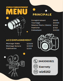 a menu for a studio d ' enregistrement with a camera and a microphone on it