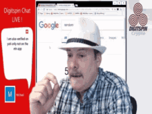 a man wearing a hat is looking at a google search bar