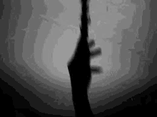 a black and white photo of a silhouette of a person standing in the dark .